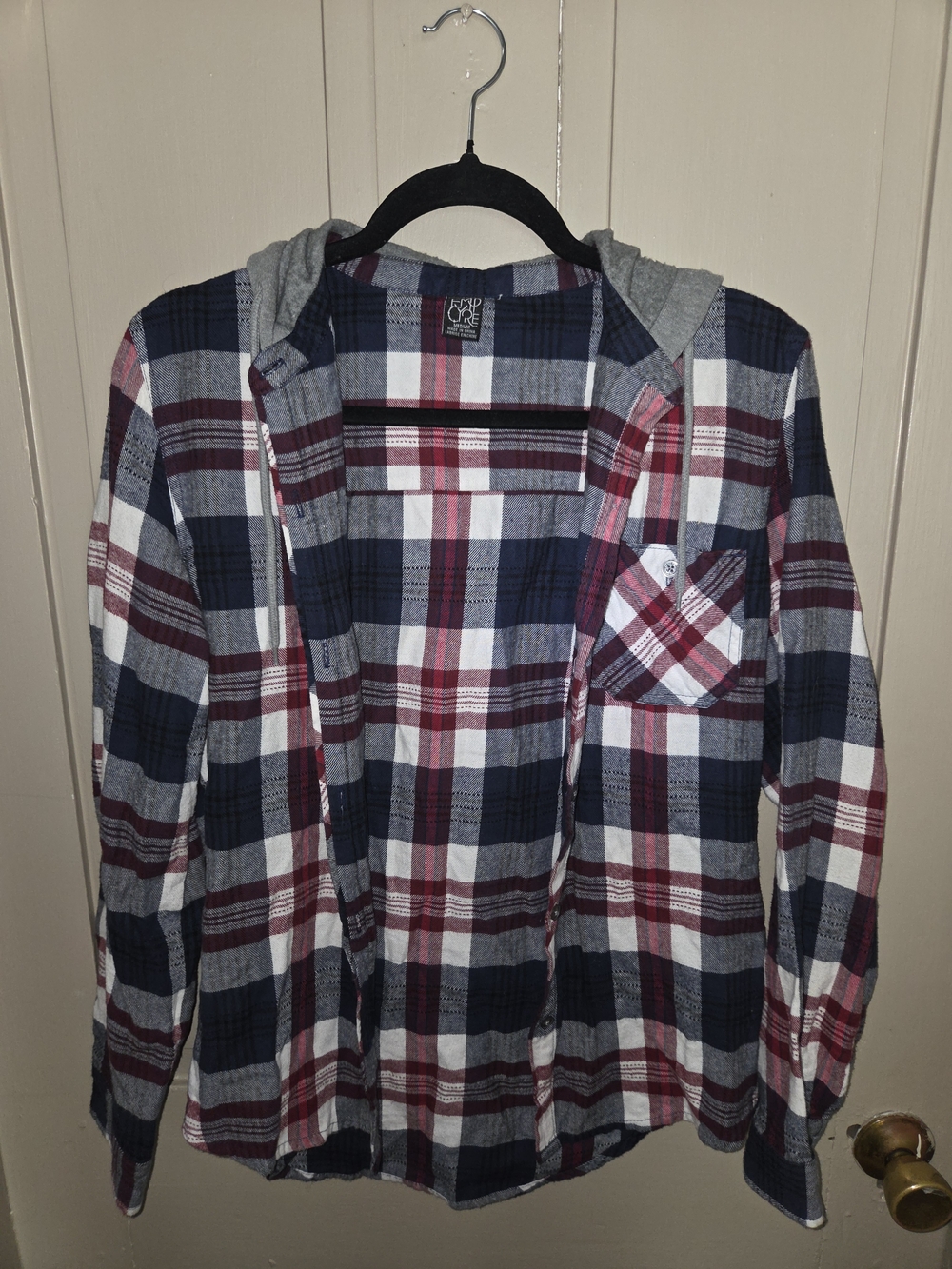 Empyre Plaid Button-Down Shirt in Navy, White & Burgundy with Hood